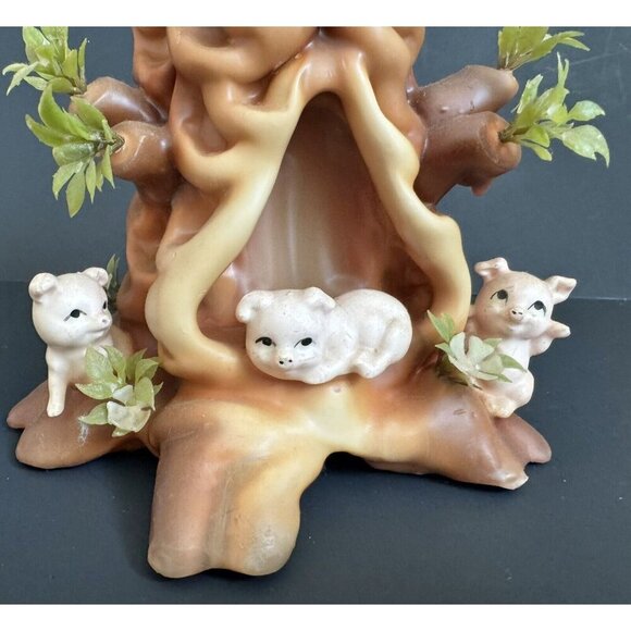3 Little Pigs Boho Candle Decor Tree Stump Vintage 6” Large Log German Carved - Picture 3 of 10